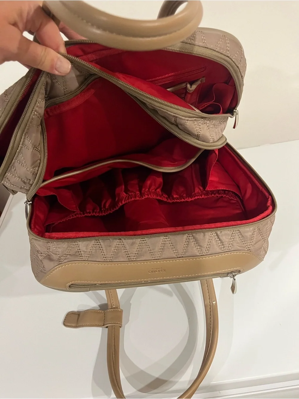 Quilted Travel Tote in Taupe with Tan Trim